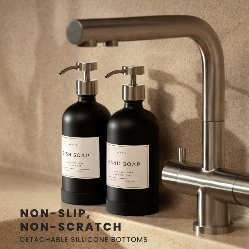 Verute Hand and Dish Soap Dispenser for Kitchen and Bathroom, Set of 2 16 Oz Glass Bottles, Stainless Steel Pumps, Non-Slip Silicone Base, 27 Waterproof Labels (Matte Black Bottle/Brushed Silver Pump) - Image 2